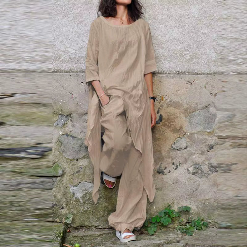 2024 Summer New Fashion Casual Loose Top Irregular Hem Round Neck Cotton Linen Top Loose Leg Pants Elegant Two Piece Set by AliShop