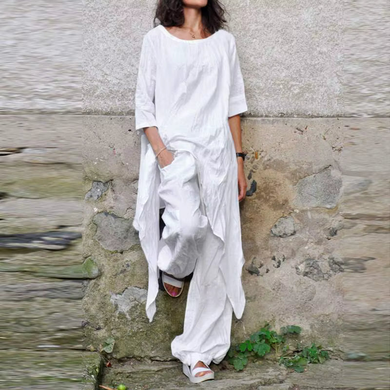 2024 Summer New Fashion Casual Loose Top Irregular Hem Round Neck Cotton Linen Top Loose Leg Pants Elegant Two Piece Set by AliShop
