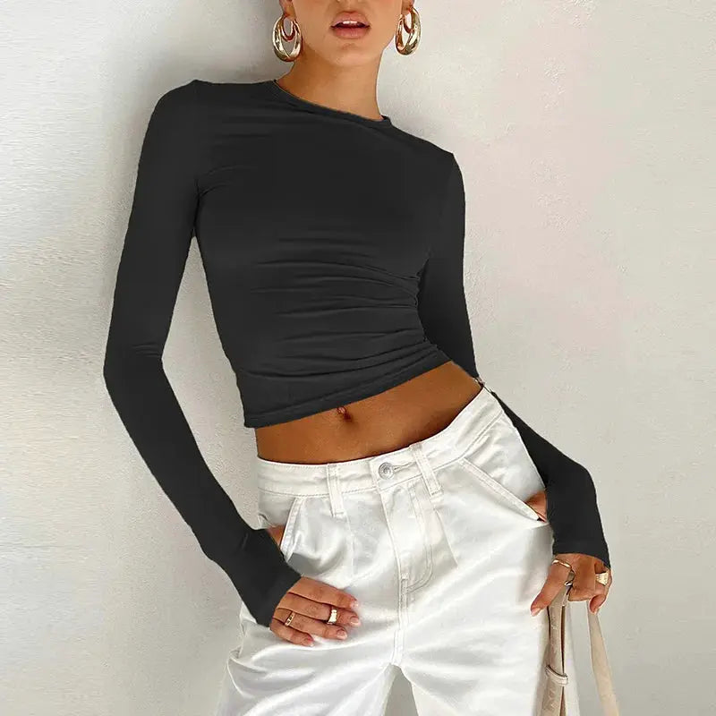 Fashion Women T-shirt Long Sleeve Crew Neck Solid Slim Fit Ladies Crop Top with Thumb Holes for Daily Streetwear Summer Camis by AliShop