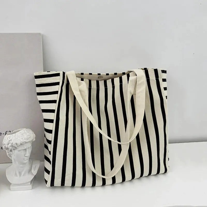 Striped Canvas Bag Beach Handbag Fashionable Women's Canvas Summer Large Capacity Shoulder Bag by AliShop