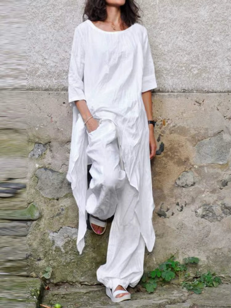 2024 Summer New Fashion Casual Loose Top Irregular Hem Round Neck Cotton Linen Top Loose Leg Pants Elegant Two Piece Set by AliShop