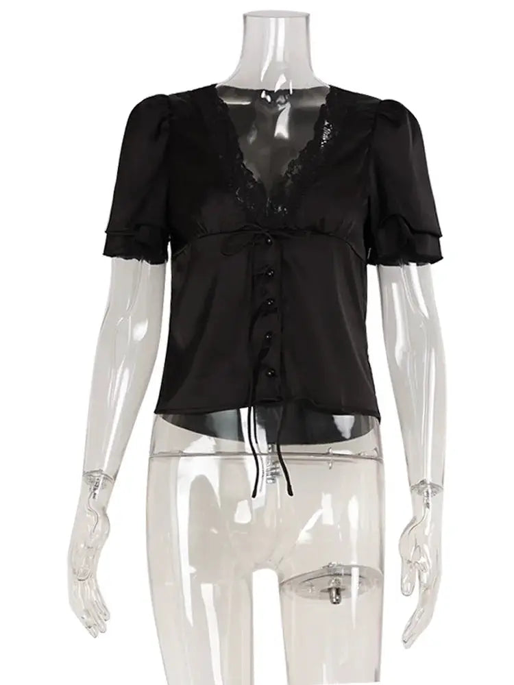 Ahagaga Causal Women Tops Solid Lace -Neck Short Sleeves Satin Slim Button Regular Eelgant Streetwear Tees Female Basic T Shirts by AliShop