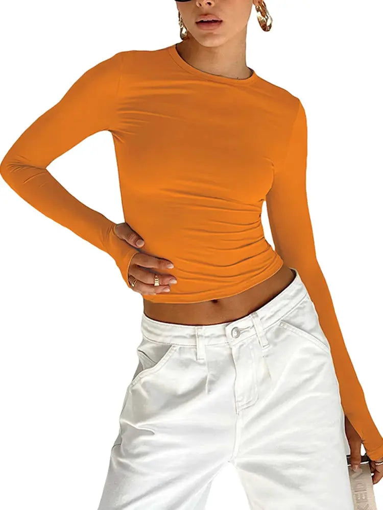 Fashion Women T-shirt Long Sleeve Crew Neck Solid Slim Fit Ladies Crop Top with Thumb Holes for Daily Streetwear Summer Camis by AliShop