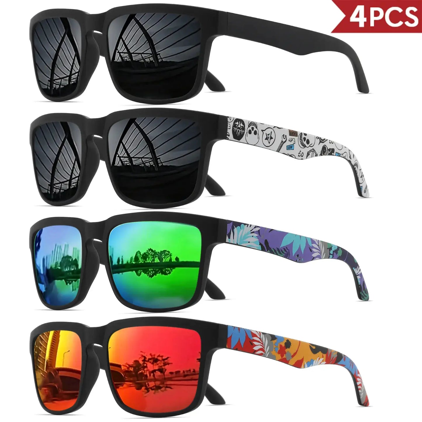 4PCS Square Sports Sunglasses with Designer Temple Pattern - UV400 for Men Women, Beach Vacation by AliShop