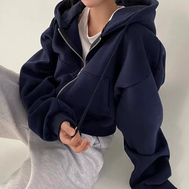 2024 Spring Autumn New Insfleece-lined Versatile Cropped Slims Smooths Silhouette Zip-up Warm Navy Blue Hooded Sweatshirt Women by AliShop