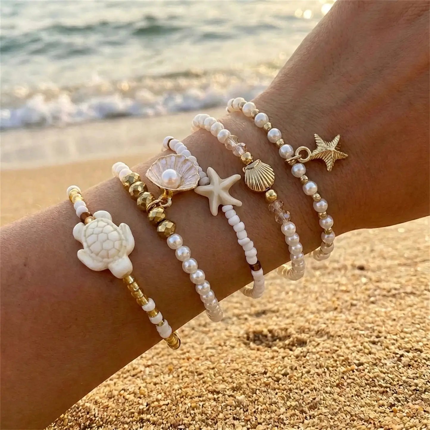Multilayer Sea Turtle Shell Chain Bracelet Set for Women Elegant Starfish Imitation Pearl Bracelets Resort Wear Jewelry Gift by AliShop