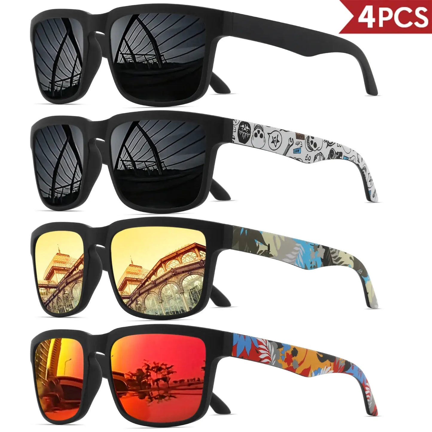 4PCS Square Sports Sunglasses with Designer Temple Pattern - UV400 for Men Women, Beach Vacation by AliShop