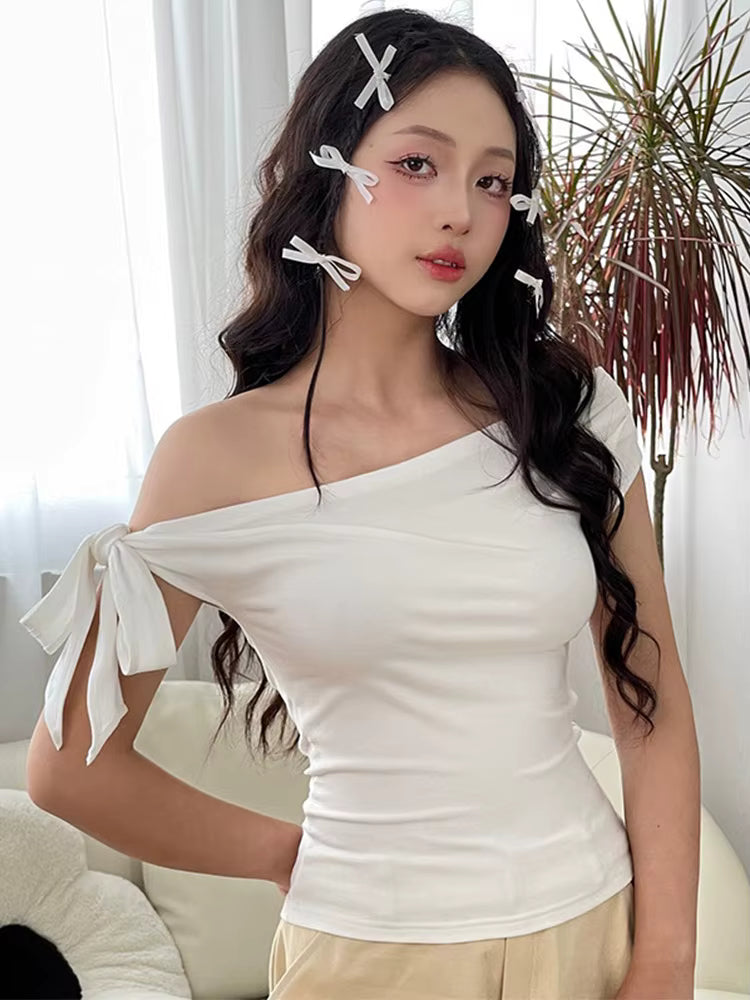 Women's Summer Style New Shrink Pleated One-Shoulder Crop Top Backless Twist Tie Asymmetric T-Shirt Casual Top by AliShop