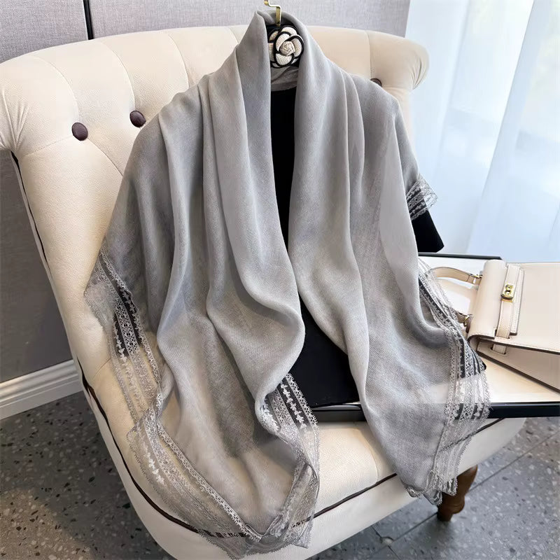 Bohemian Solid Lace Trim Scarf for Women Square Cotton Hijabs Soft Sun-Protection Shawl Summer Beach Sarong Headband 2026 by AliShop