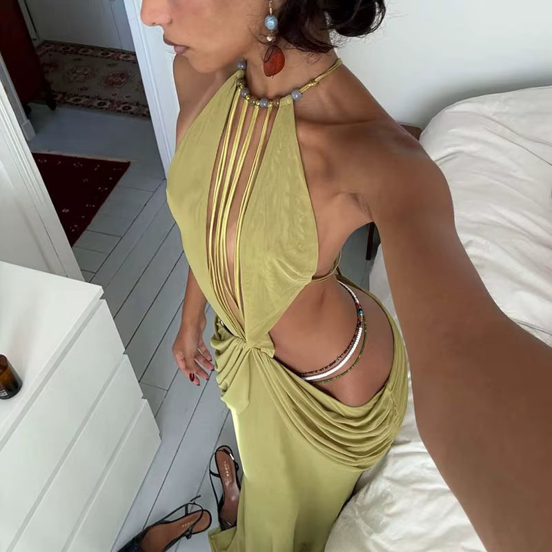 Solid Color Fit Party Maxi Dress Halter Beading Decoration Hollow Out Sexy Beach Dress Summer Sleeveless Backless Vacation Dress by AliShop