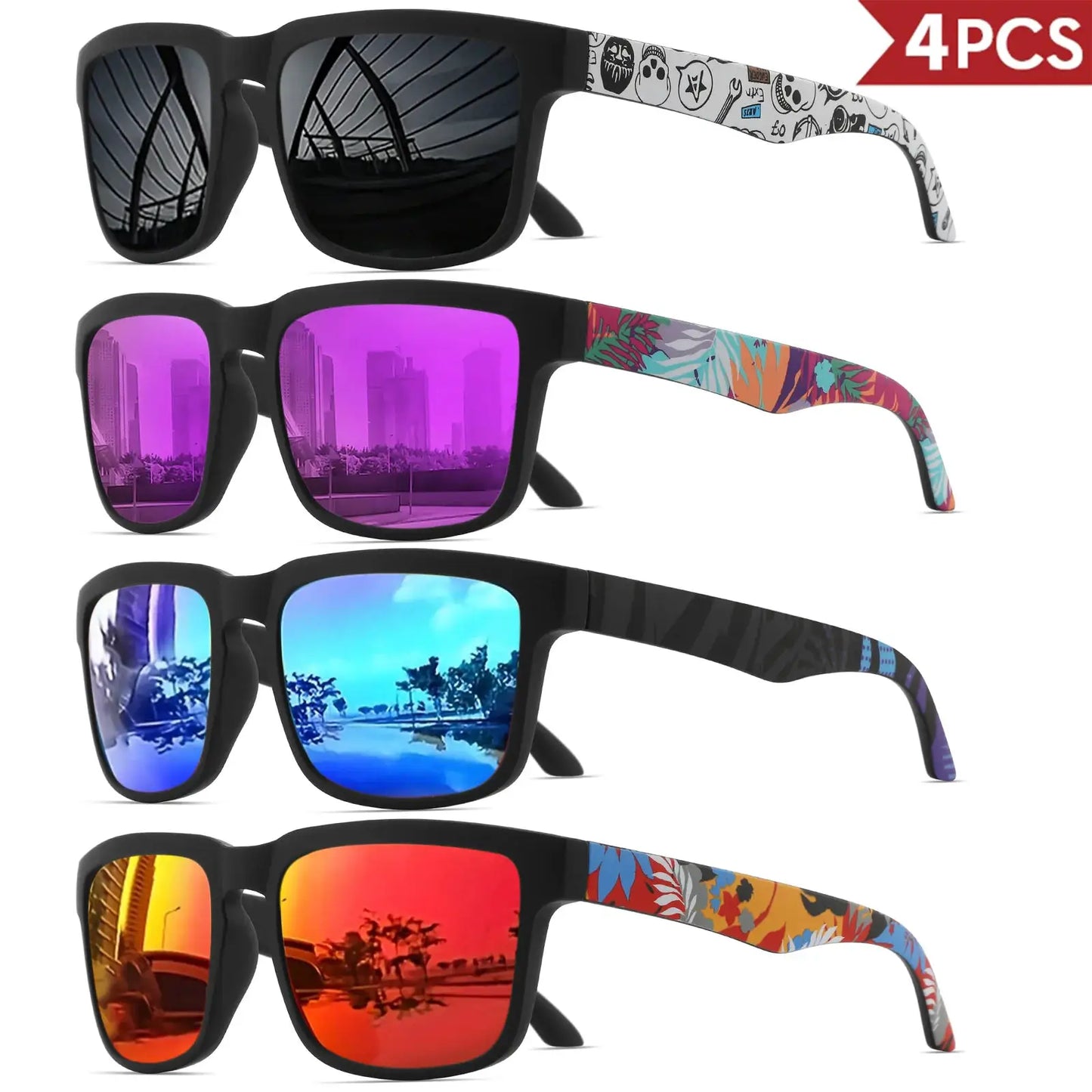 4PCS Square Sports Sunglasses with Designer Temple Pattern - UV400 for Men Women, Beach Vacation by AliShop