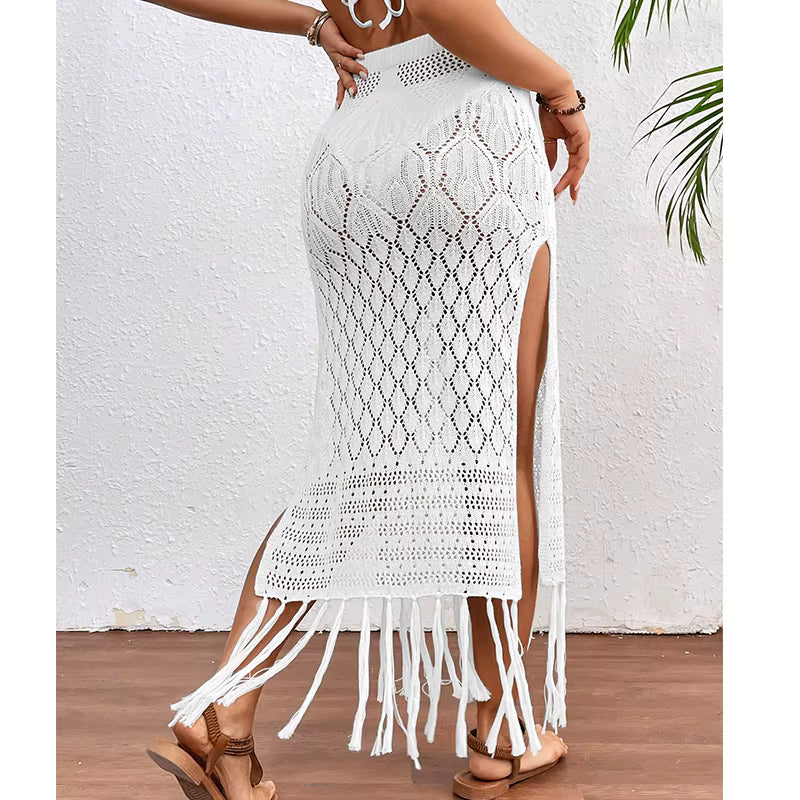 Women Knitted Texture Sarong Skirts Sexy High Slit Tassel Cover-Up Beach Summer Vacation Wrapped Skirt Bikini Cover Up by AliShop