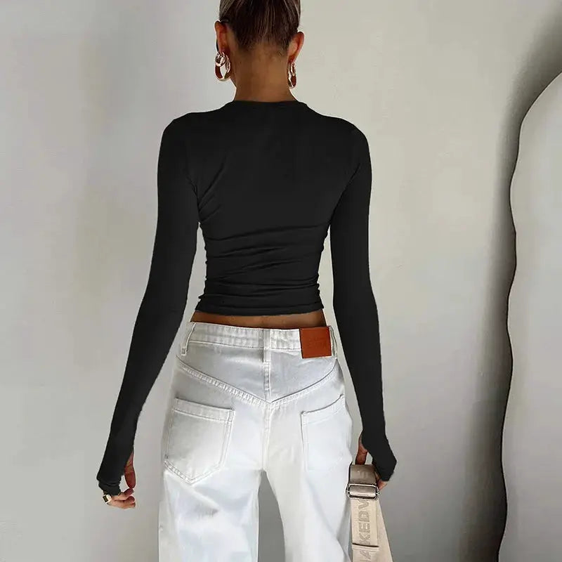 Fashion Women T-shirt Long Sleeve Crew Neck Solid Slim Fit Ladies Crop Top with Thumb Holes for Daily Streetwear Summer Camis by AliShop