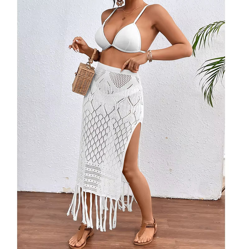 Women Knitted Texture Sarong Skirts Sexy High Slit Tassel Cover-Up Beach Summer Vacation Wrapped Skirt Bikini Cover Up by AliShop