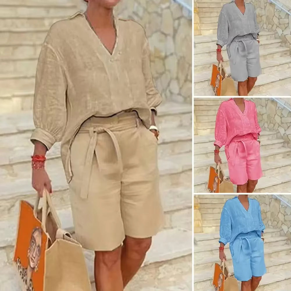 Summer Fashion New Matching Collection Loose and Elegant V-neck Short Sleeve Cotton Linen Top Wide Leg Shorts Two Piece Set by AliShop