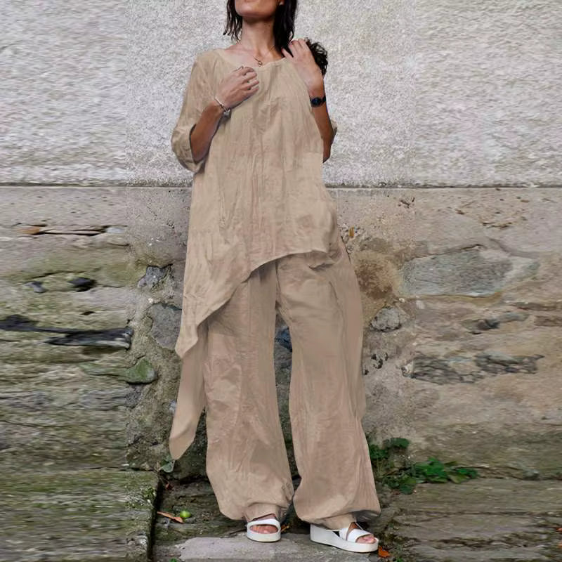 2024 Summer New Fashion Casual Loose Top Irregular Hem Round Neck Cotton Linen Top Loose Leg Pants Elegant Two Piece Set by AliShop