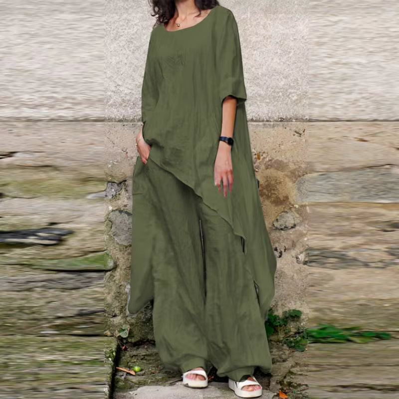 2024 Summer New Fashion Casual Loose Top Irregular Hem Round Neck Cotton Linen Top Loose Leg Pants Elegant Two Piece Set by AliShop