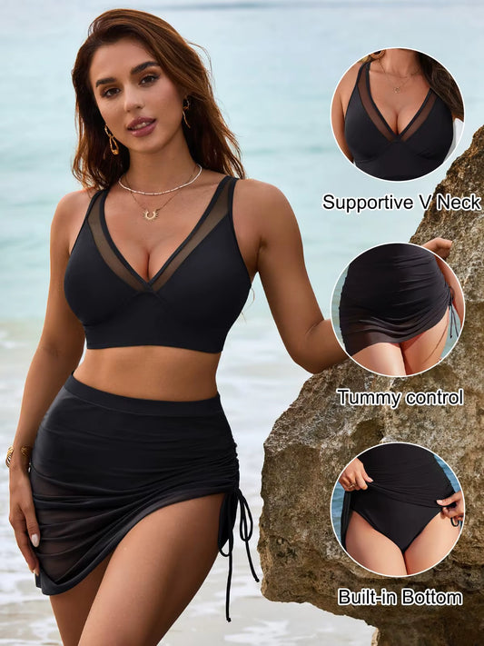 Womens Swim Skirt High Waisted Bikini Sets Tummy Control Swimsuits Mesh Sarong Wraps Bathing Suits by AliShop