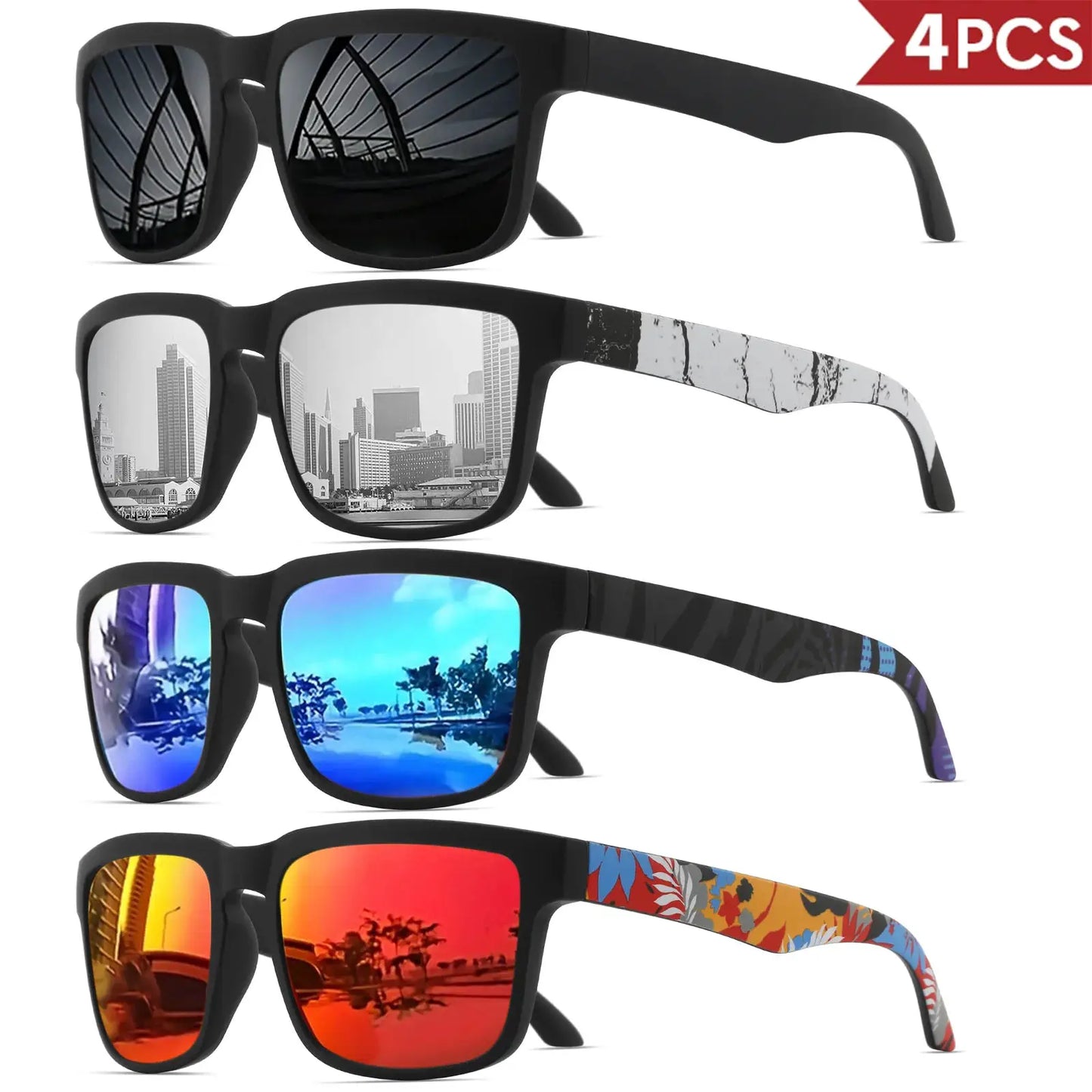 4PCS Square Sports Sunglasses with Designer Temple Pattern - UV400 for Men Women, Beach Vacation by AliShop