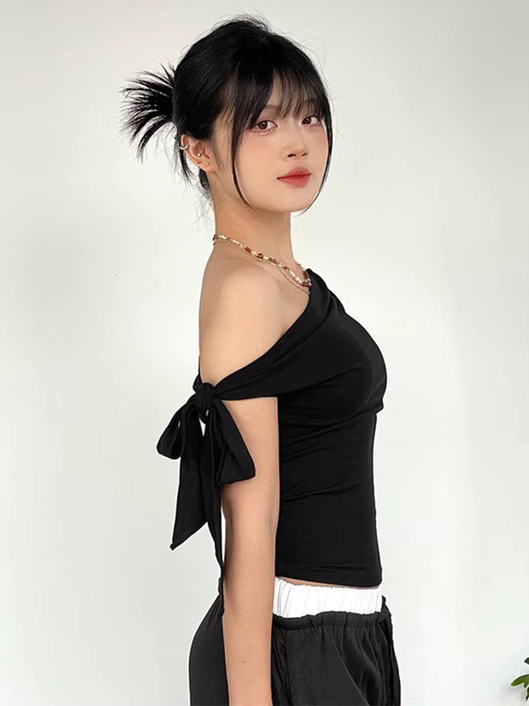 Women's Summer Style New Shrink Pleated One-Shoulder Crop Top Backless Twist Tie Asymmetric T-Shirt Casual Top by AliShop