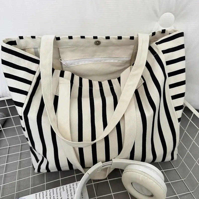 Striped Canvas Bag Beach Handbag Fashionable Women's Canvas Summer Large Capacity Shoulder Bag by AliShop