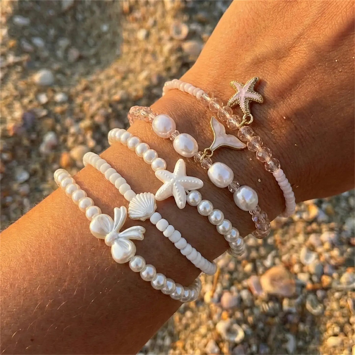 Multilayer Sea Turtle Shell Chain Bracelet Set for Women Elegant Starfish Imitation Pearl Bracelets Resort Wear Jewelry Gift by AliShop