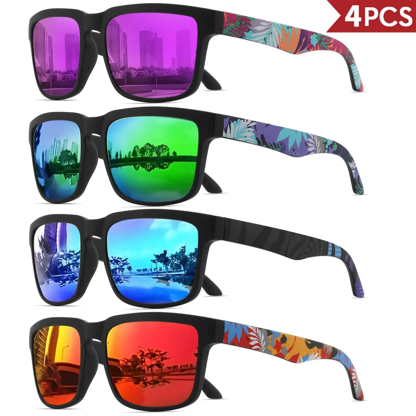 4PCS Square Sports Sunglasses with Designer Temple Pattern - UV400 for Men Women, Beach Vacation by AliShop