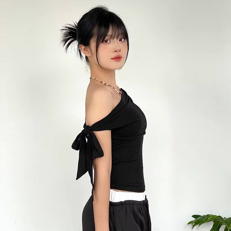Women's Summer Style New Shrink Pleated One-Shoulder Crop Top Backless Twist Tie Asymmetric T-Shirt Casual Top by AliShop
