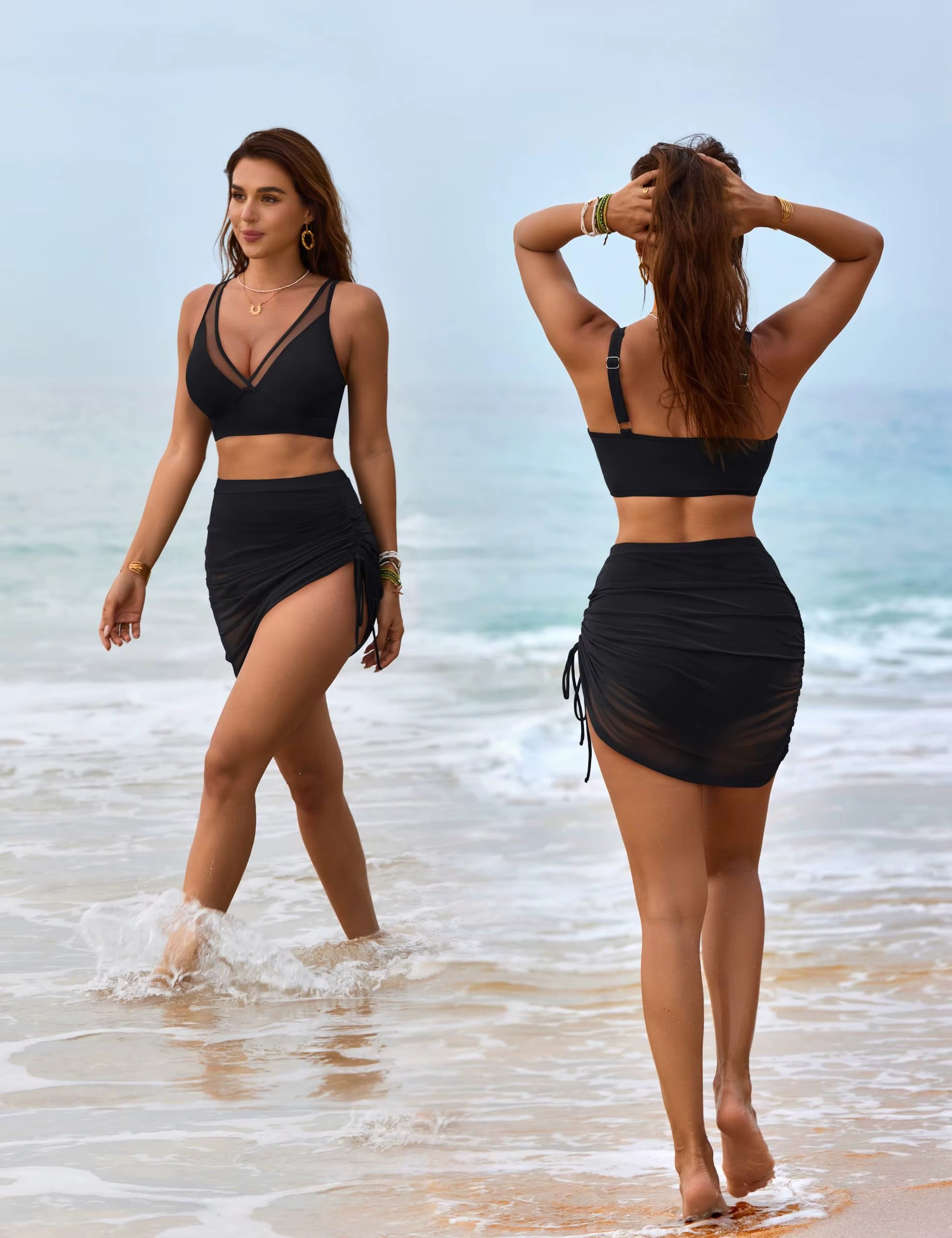 Womens Swim Skirt High Waisted Bikini Sets Tummy Control Swimsuits Mesh Sarong Wraps Bathing Suits by AliShop