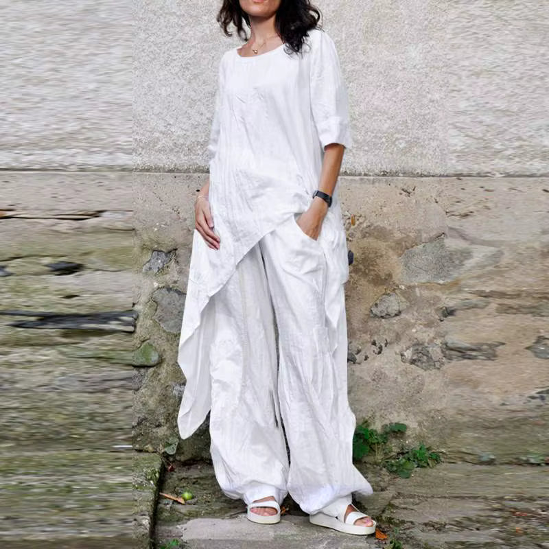 2024 Summer New Fashion Casual Loose Top Irregular Hem Round Neck Cotton Linen Top Loose Leg Pants Elegant Two Piece Set by AliShop