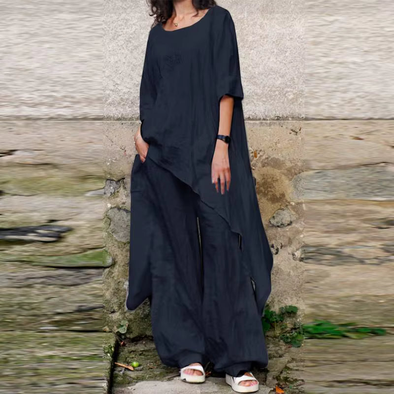 2024 Summer New Fashion Casual Loose Top Irregular Hem Round Neck Cotton Linen Top Loose Leg Pants Elegant Two Piece Set by AliShop