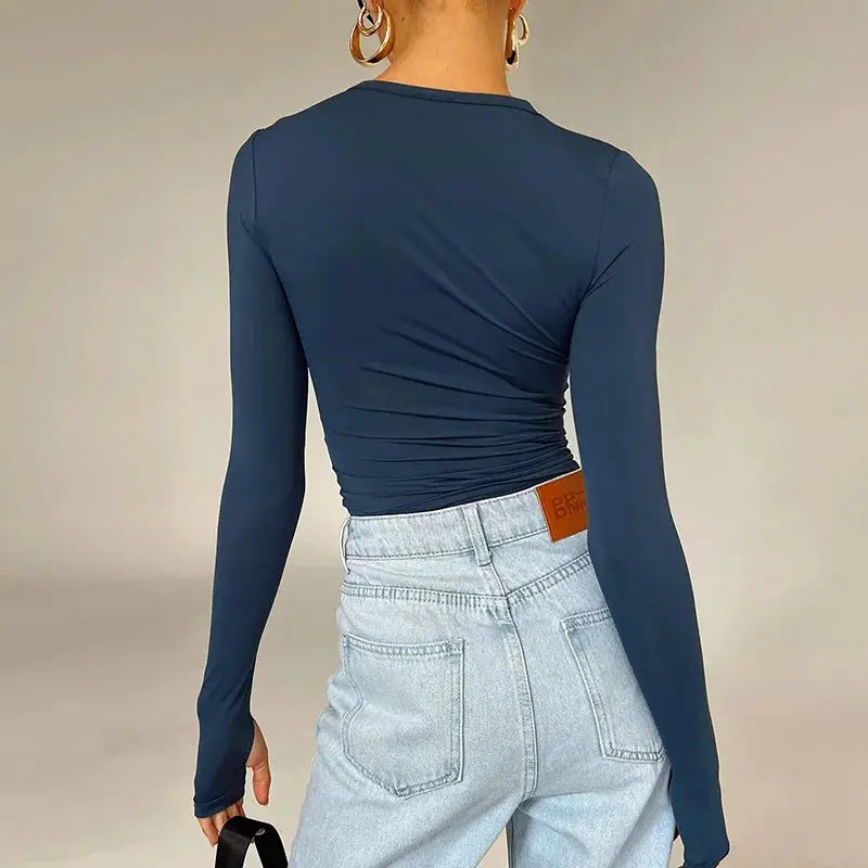 Fashion Women T-shirt Long Sleeve Crew Neck Solid Slim Fit Ladies Crop Top with Thumb Holes for Daily Streetwear Summer Camis by AliShop