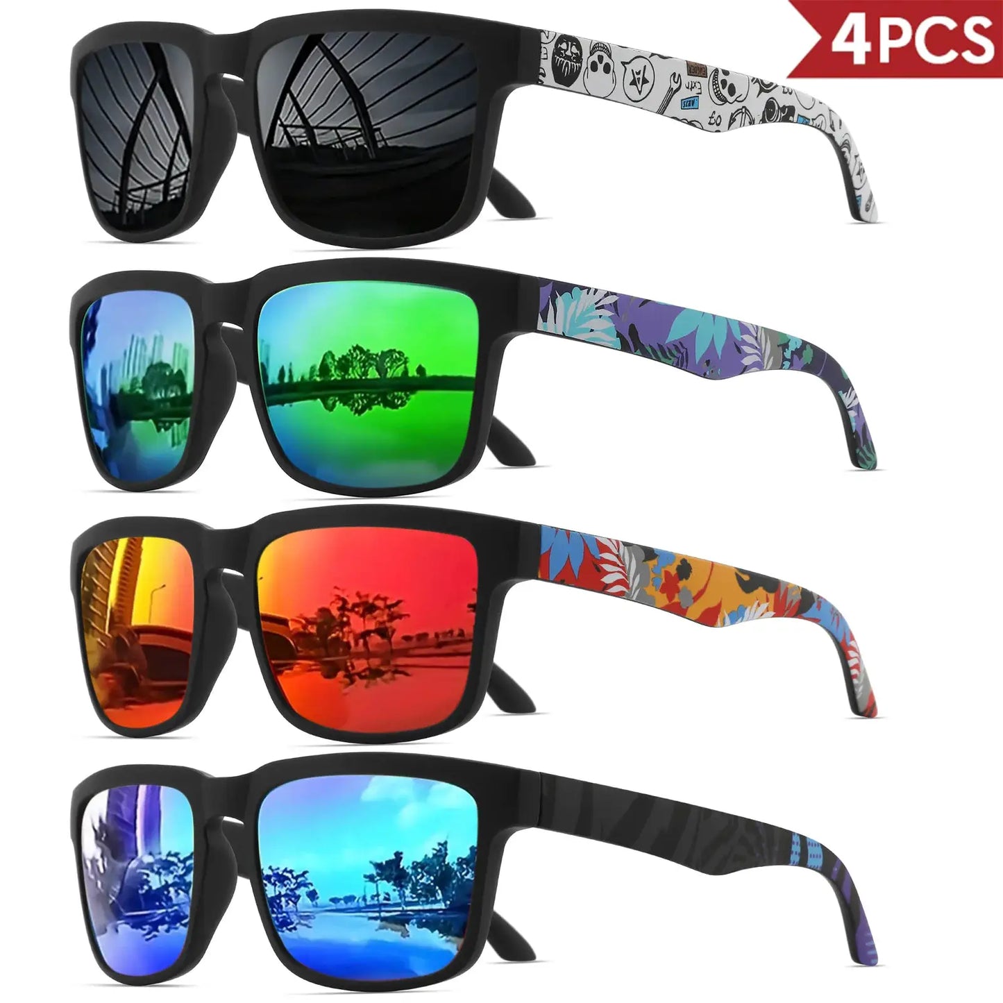 4PCS Square Sports Sunglasses with Designer Temple Pattern - UV400 for Men Women, Beach Vacation by AliShop
