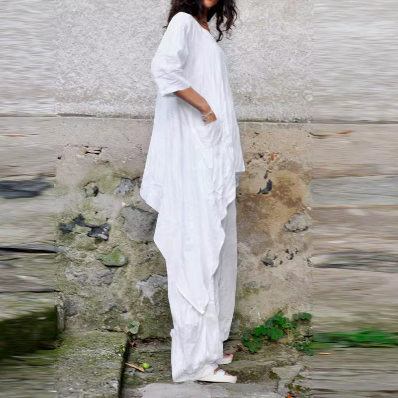 2024 Summer New Fashion Casual Loose Top Irregular Hem Round Neck Cotton Linen Top Loose Leg Pants Elegant Two Piece Set by AliShop