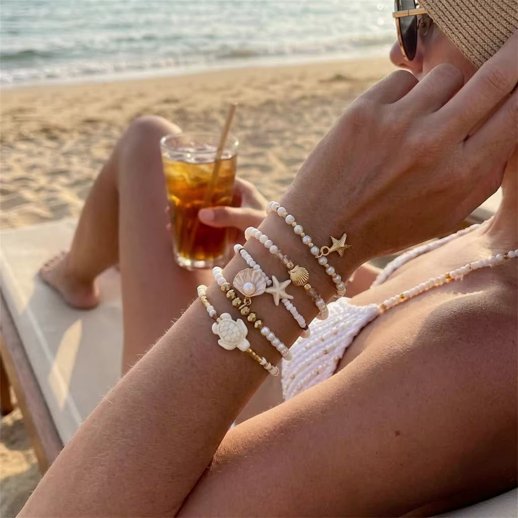 Multilayer Sea Turtle Shell Chain Bracelet Set for Women Elegant Starfish Imitation Pearl Bracelets Resort Wear Jewelry Gift by AliShop