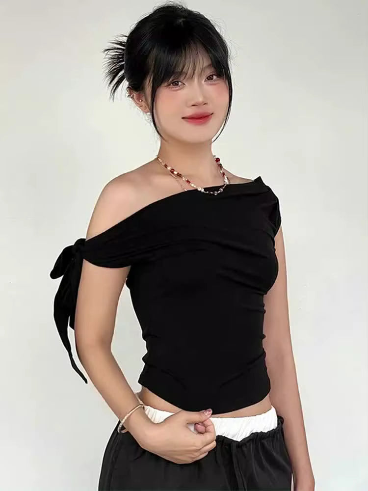 Women's Summer Style New Shrink Pleated One-Shoulder Crop Top Backless Twist Tie Asymmetric T-Shirt Casual Top by AliShop