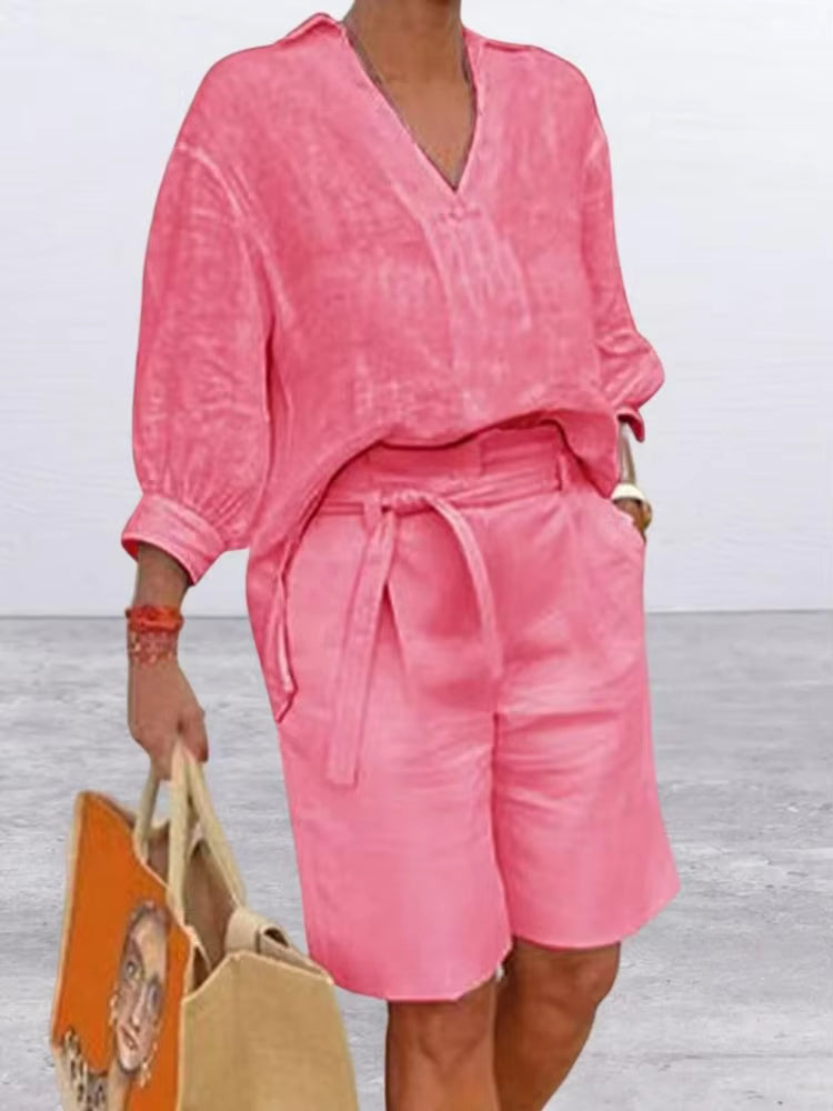 Summer Fashion New Matching Collection Loose and Elegant V-neck Short Sleeve Cotton Linen Top Wide Leg Shorts Two Piece Set by AliShop