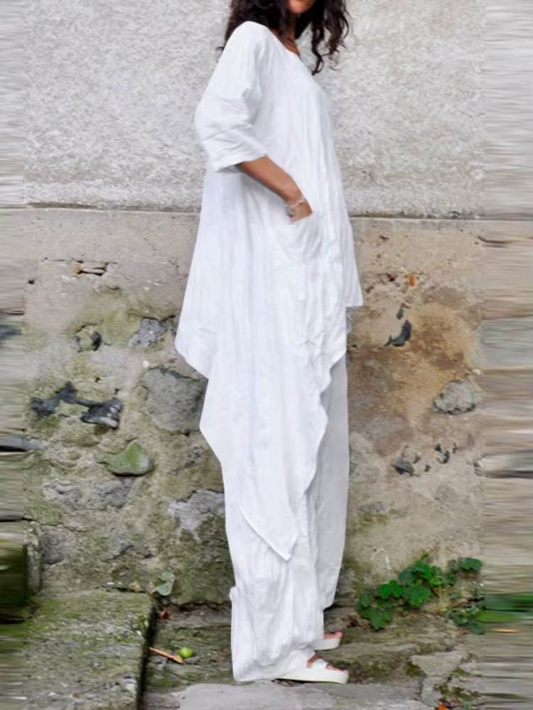 2024 Summer New Fashion Casual Loose Top Irregular Hem Round Neck Cotton Linen Top Loose Leg Pants Elegant Two Piece Set by AliShop