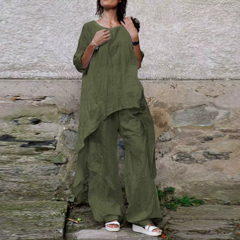 2024 Summer New Fashion Casual Loose Top Irregular Hem Round Neck Cotton Linen Top Loose Leg Pants Elegant Two Piece Set by AliShop