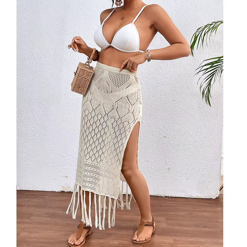 Women Knitted Texture Sarong Skirts Sexy High Slit Tassel Cover-Up Beach Summer Vacation Wrapped Skirt Bikini Cover Up by AliShop