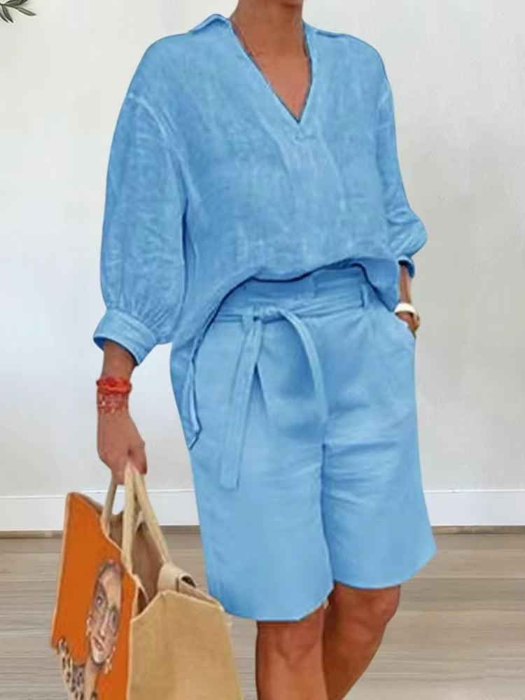 Summer Fashion New Matching Collection Loose and Elegant V-neck Short Sleeve Cotton Linen Top Wide Leg Shorts Two Piece Set by AliShop