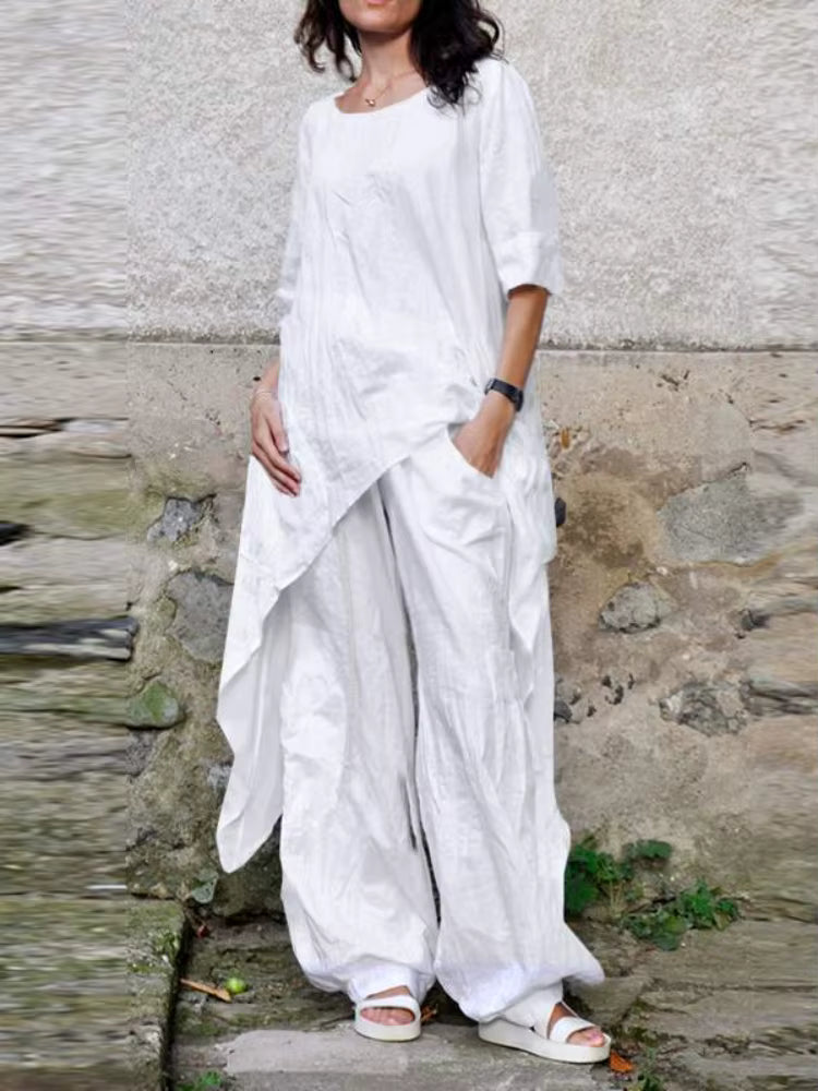 2024 Summer New Fashion Casual Loose Top Irregular Hem Round Neck Cotton Linen Top Loose Leg Pants Elegant Two Piece Set by AliShop