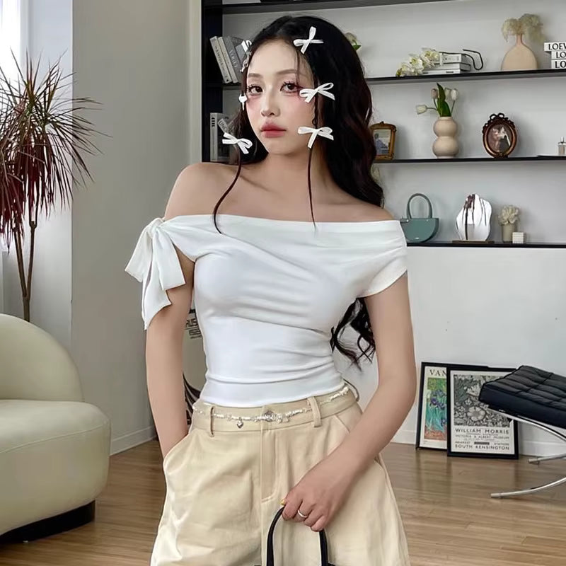 Women's Summer Style New Shrink Pleated One-Shoulder Crop Top Backless Twist Tie Asymmetric T-Shirt Casual Top by AliShop
