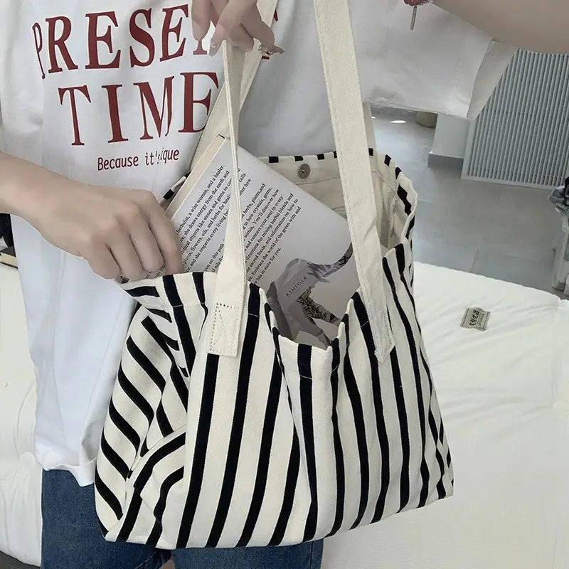 Striped Canvas Bag Beach Handbag Fashionable Women's Canvas Summer Large Capacity Shoulder Bag by AliShop