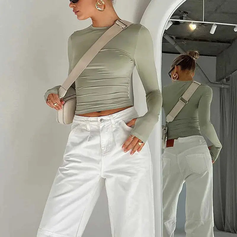 Fashion Women T-shirt Long Sleeve Crew Neck Solid Slim Fit Ladies Crop Top with Thumb Holes for Daily Streetwear Summer Camis by AliShop