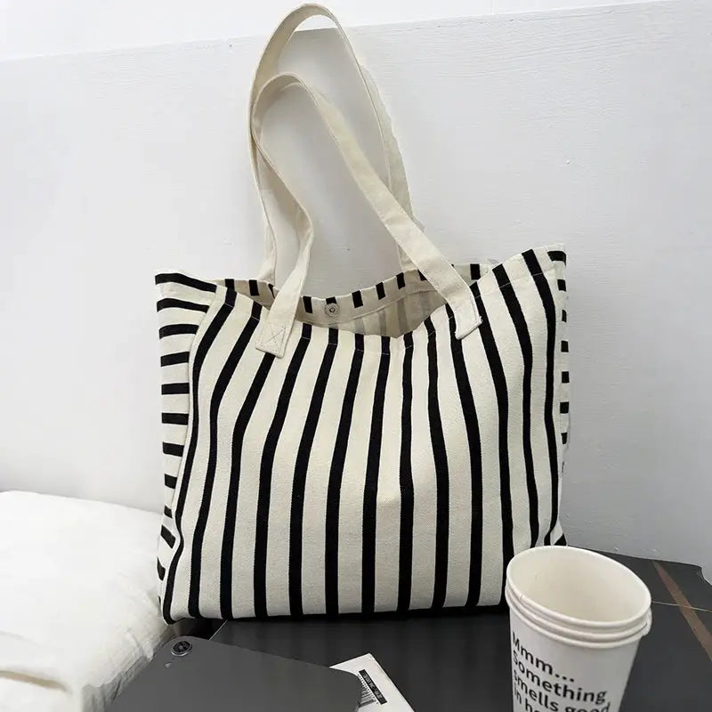 Striped Canvas Bag Beach Handbag Fashionable Women's Canvas Summer Large Capacity Shoulder Bag by AliShop
