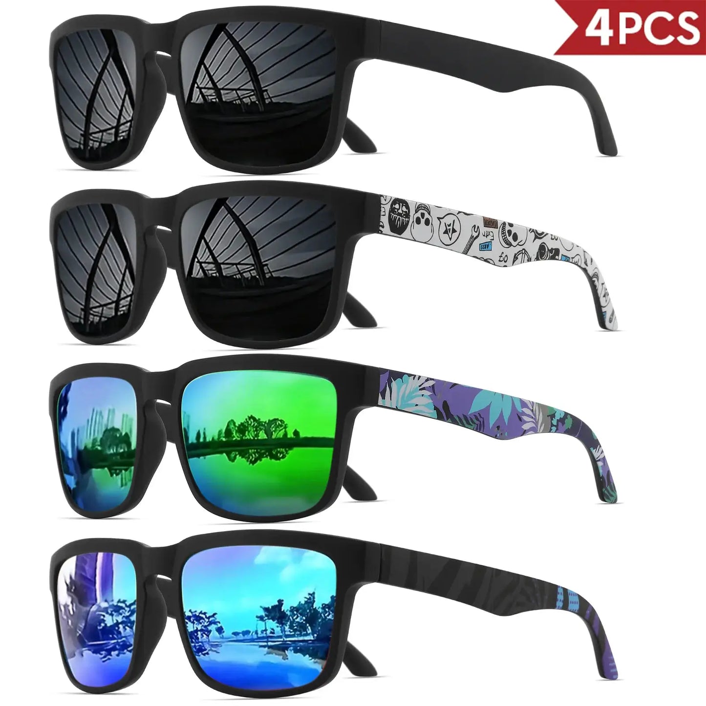 4PCS Square Sports Sunglasses with Designer Temple Pattern - UV400 for Men Women, Beach Vacation by AliShop