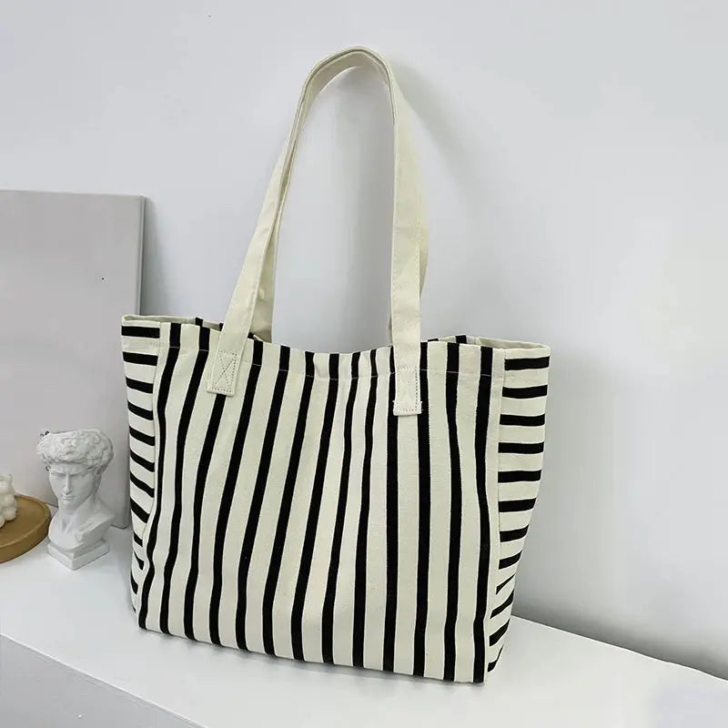 Striped Canvas Bag Beach Handbag Fashionable Women's Canvas Summer Large Capacity Shoulder Bag by AliShop