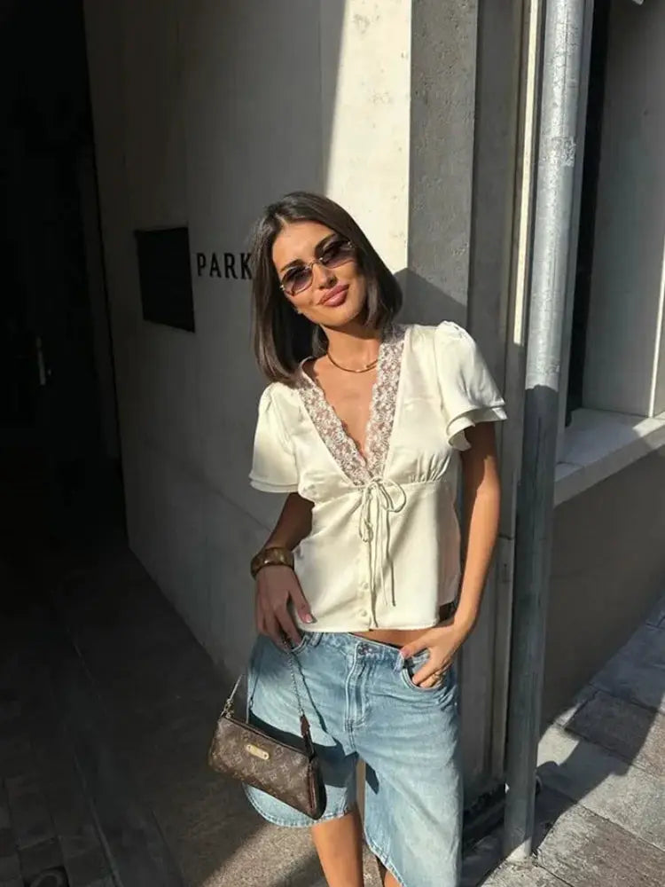 Ahagaga Causal Women Tops Solid Lace -Neck Short Sleeves Satin Slim Button Regular Eelgant Streetwear Tees Female Basic T Shirts by AliShop