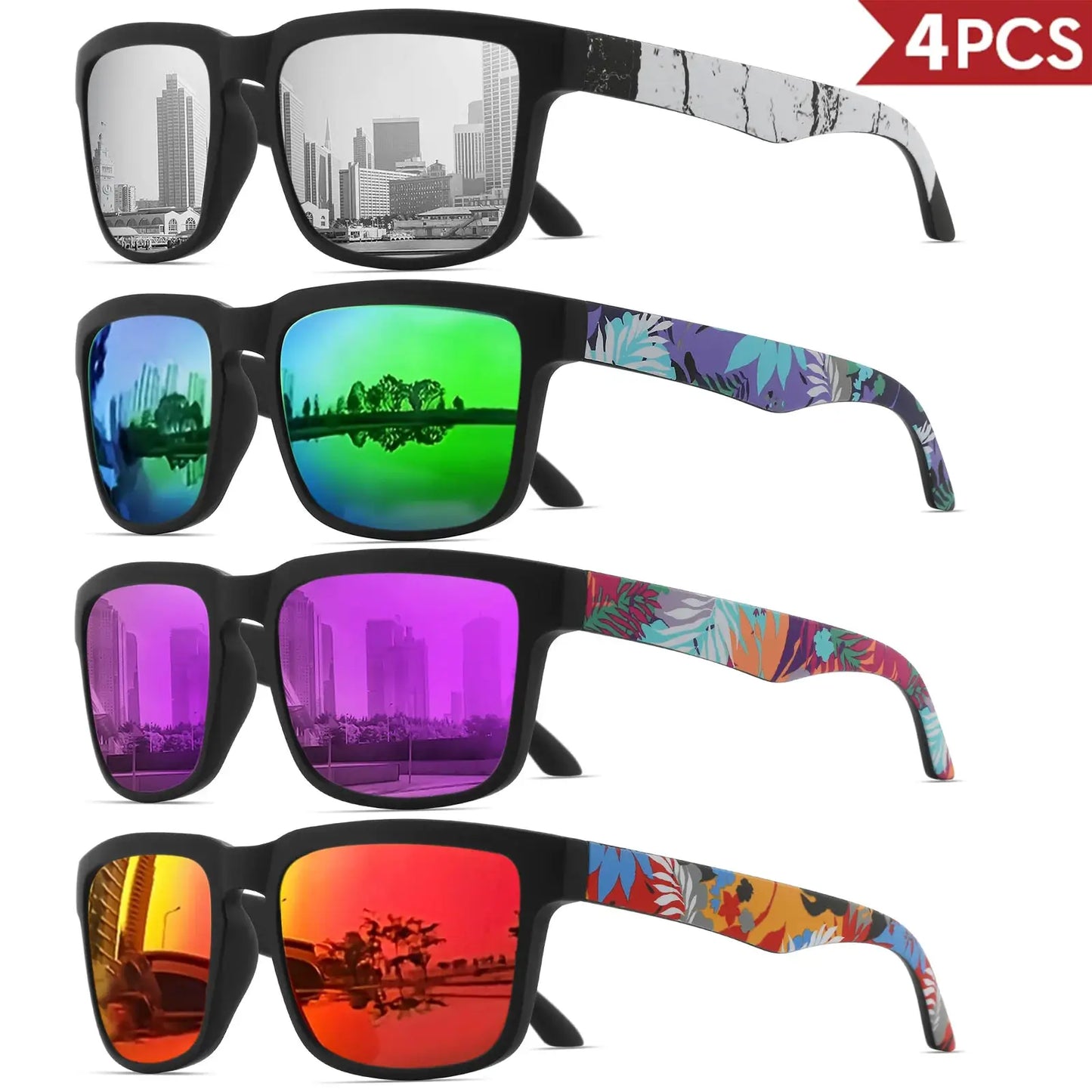 4PCS Square Sports Sunglasses with Designer Temple Pattern - UV400 for Men Women, Beach Vacation by AliShop